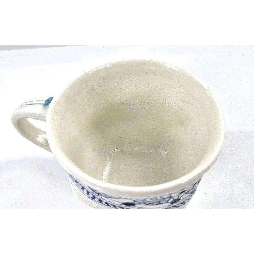 Studio Art Pottery Slab Built Coffee Tea Mug Abstract Floral Blue Green White Lg